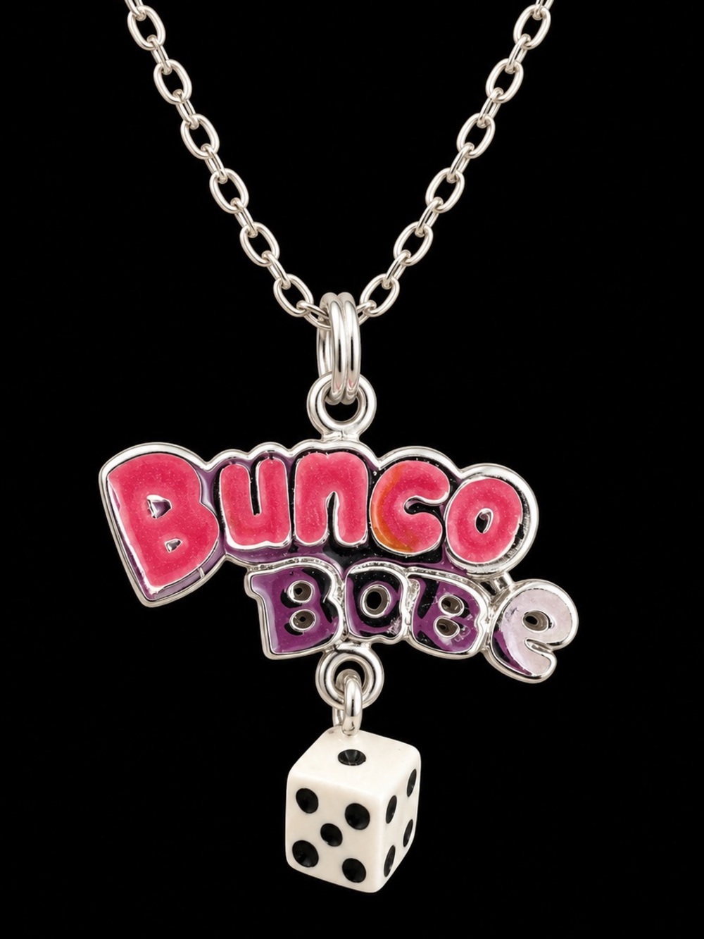 Sterling Silver 925 Bunco Babe Pink Enamel Dice Charm Necklace 17.5”